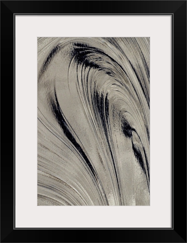 Giant photograph focuses on the gentle curved movements of a thick, dark substance.