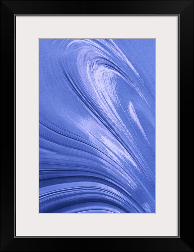An abstract piece with swirls throughtout the vertical print shown in different angles.