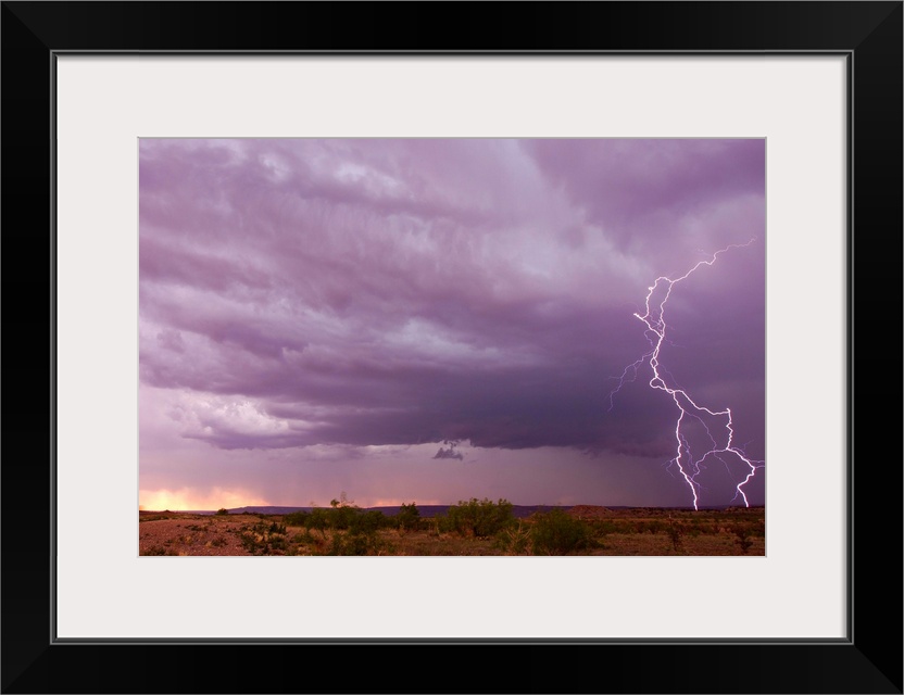 Intense purple lightning bolts strike in the desert of New Mexico.