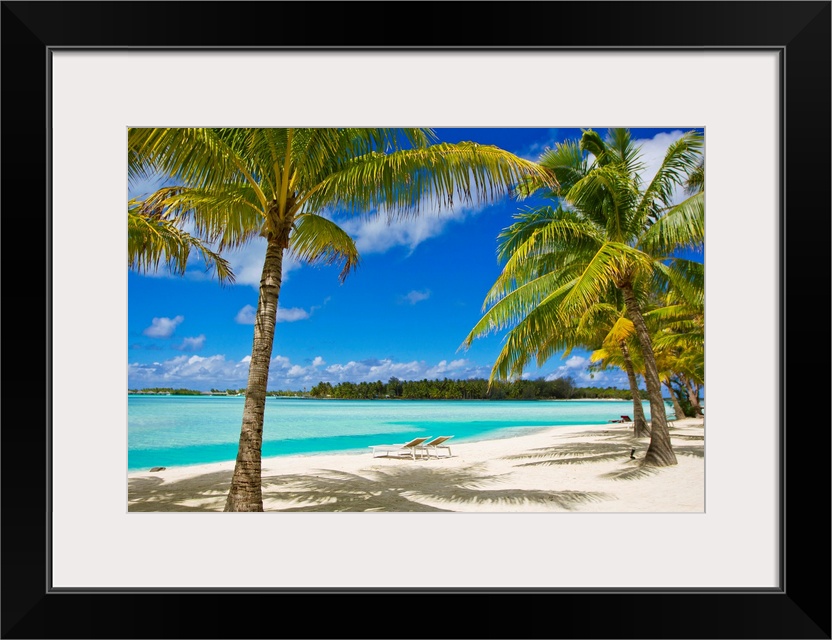 Tropical Palm Trees and white sand beaches in Bora Bora in the French Polynesian islands.