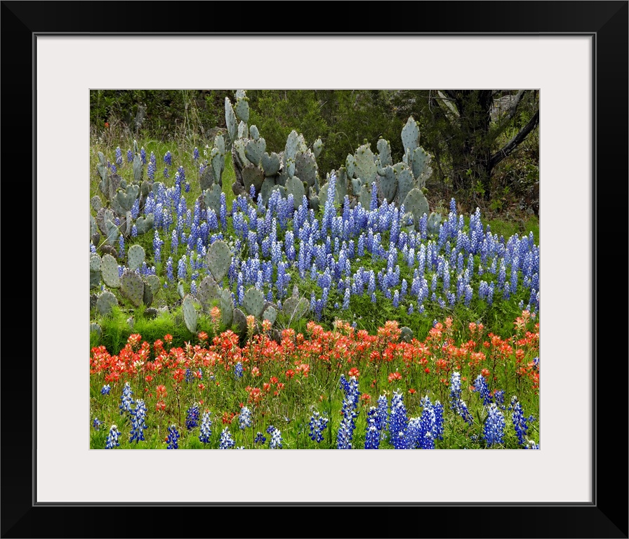 A large decorative piece of wildflowers in a field with cactus intertwined.