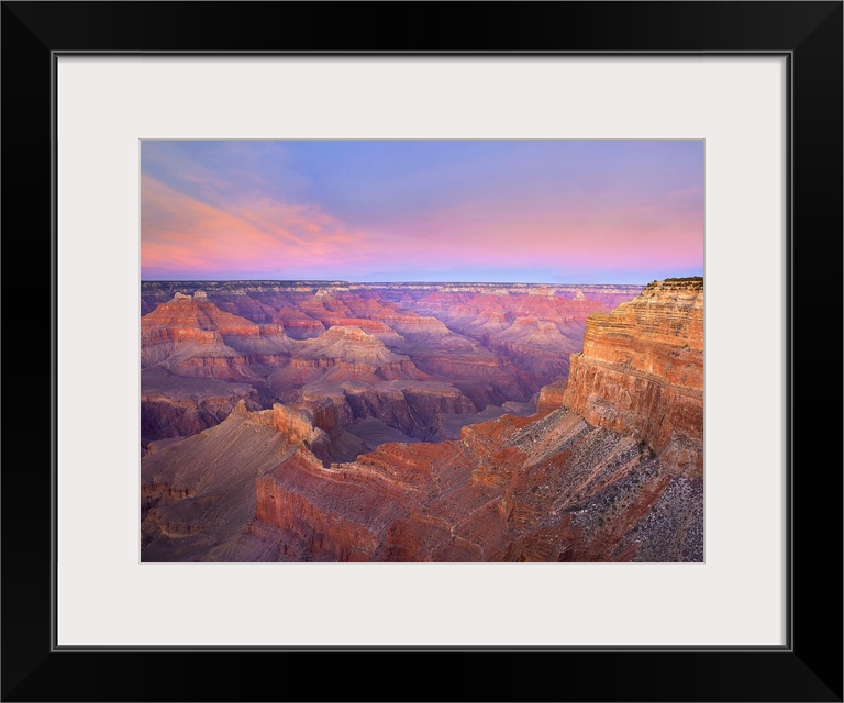 Big photograph taken from Mohave Point at sunset that focuses on the great size of Grand Canyon National Park in Arizona. ...