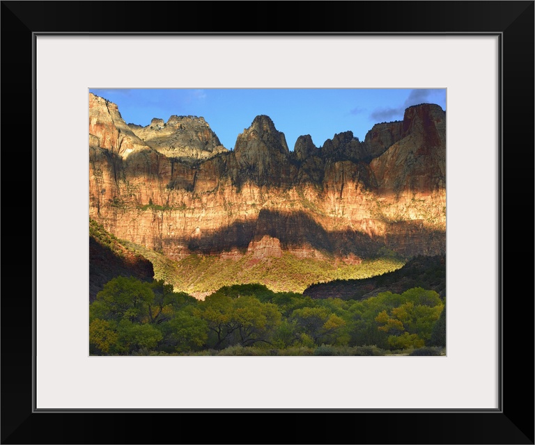 Picture taken of giant cliffs that have cloud shadows covering part of it and a line of trees on the ground in front.