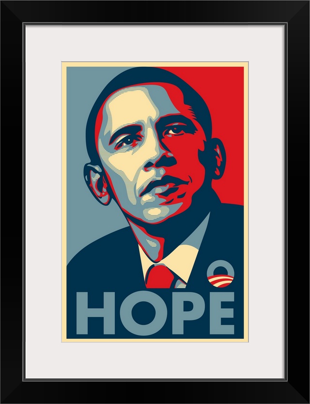 Iconic and optimistic block print portrait of senator Barack Obama made for the 2016 presidential election campaign, featu...