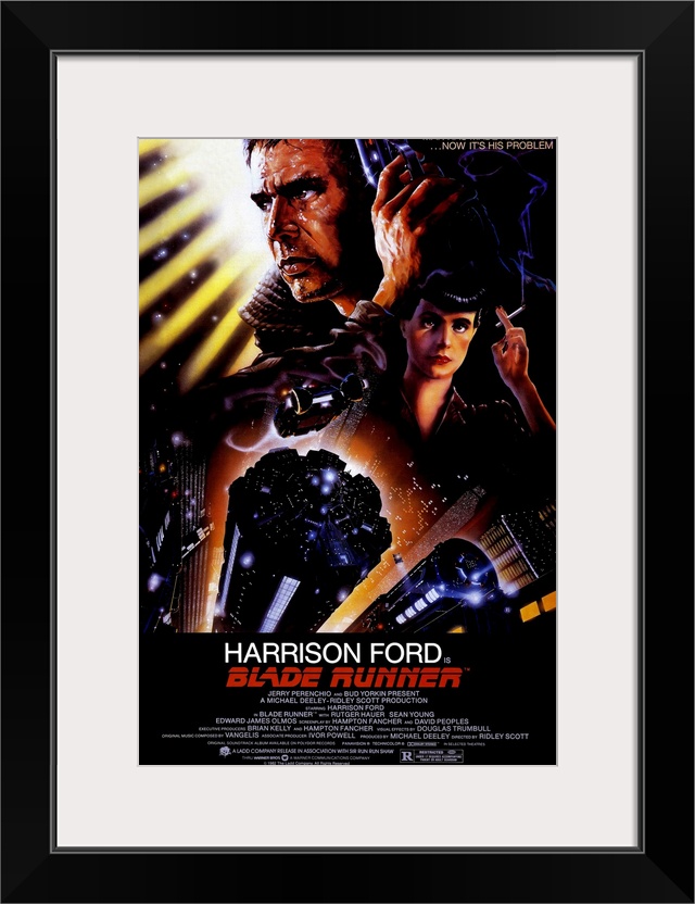 Big, vertical movie advertisement for Blade Runner, with a profile headshot of Harrison Ford at the top, a woman smoking a...