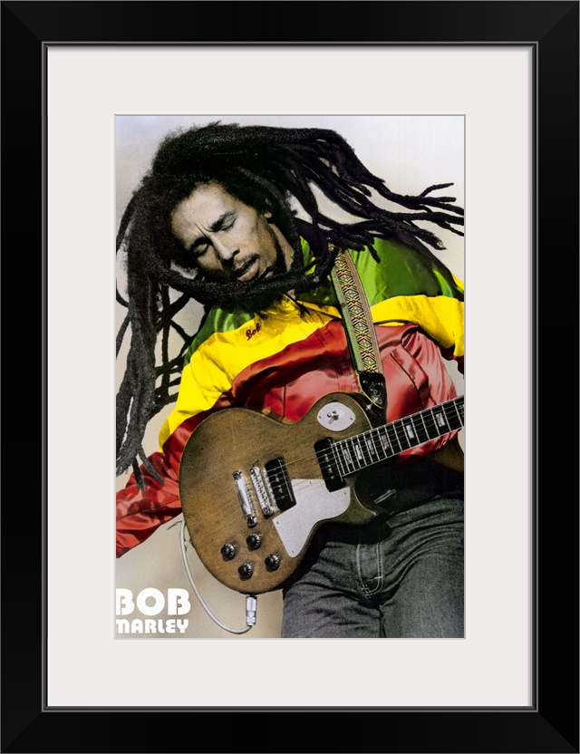 Large, portrait photograph of Bob Marley playing guitar, his name in the bottom left corner.