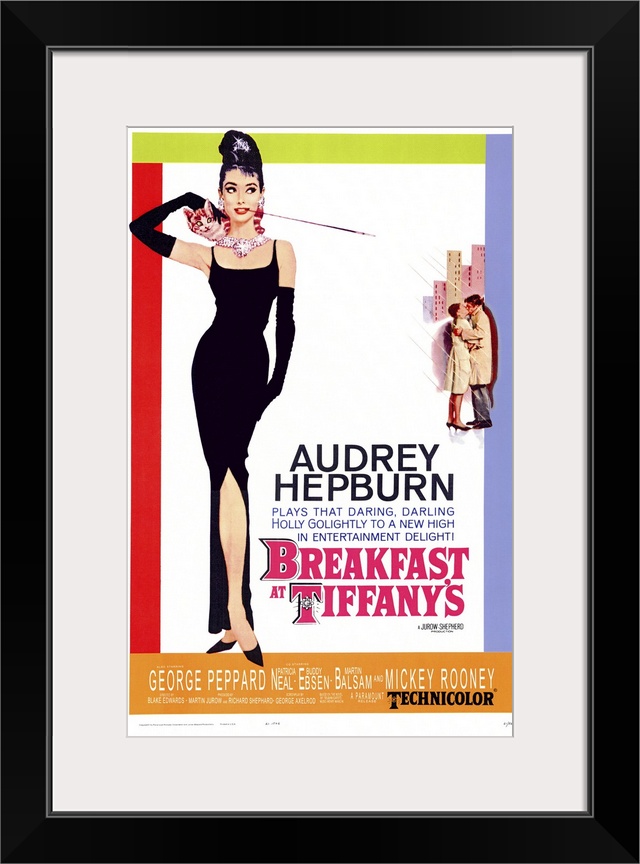 Movie poster for "Breakfast at Tiffany's". It shows Audrey Hepburn standing in a black gown with black gloves on and a cat...