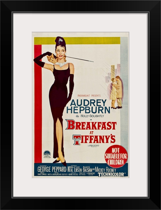 Vertical, large vintage advertisement for the movie "Breakfast At Tiffany's", with actress Audrey Hepburn featured in a bl...