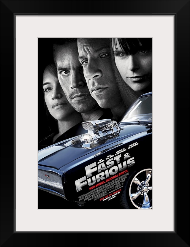 Large, vertical movie advertisement for the Fast & Furious 4.  A muscle car in the foreground with the movie title and cre...