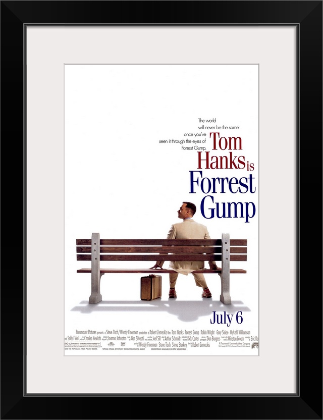 Big, vertical movie advertisement for the opening of Forrest Gump, text and credits on the top and bottom.  Tom Hanks as F...