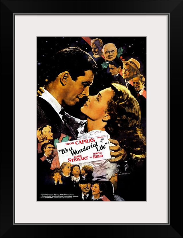 Vertical movie advertisement on a large wall hanging for "It's a Wonderful Life".  James Stewart and Donna Reed embrace in...