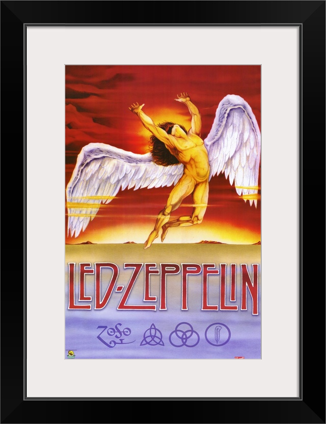 Vertical, oversized artwork for Led Zeppelin, a muscular, nude, human figure with large wings flying upward into a fiery s...