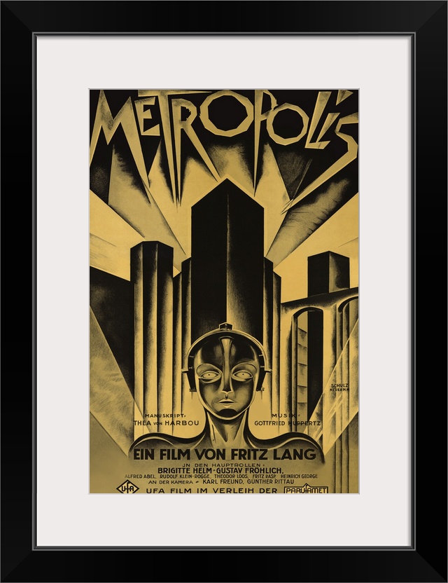 Poster for the 1927 science fiction film Metropolis. Skyscrapers line the back of the poster with a being shown below in f...