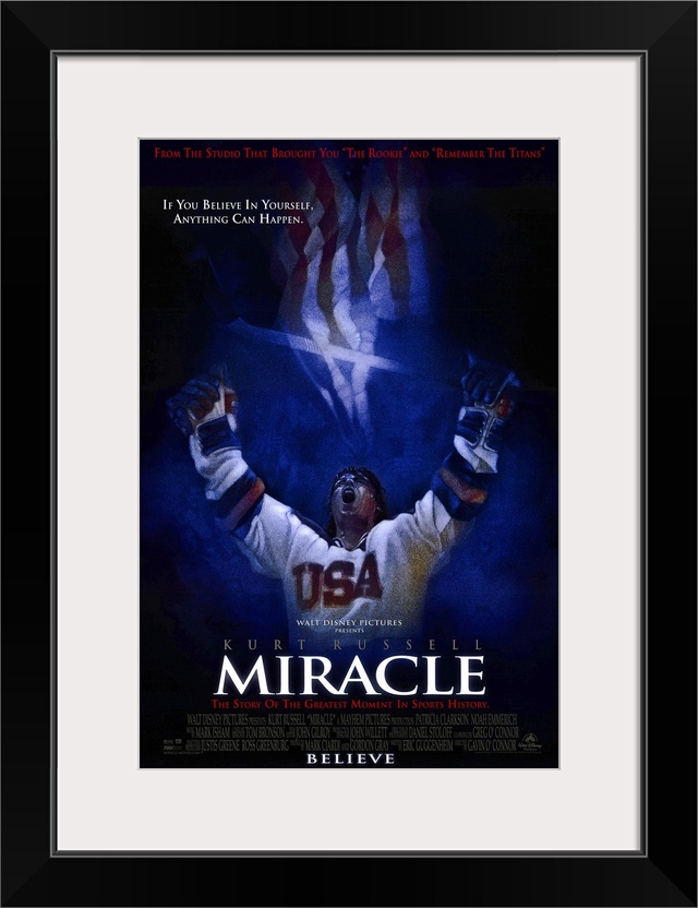 Docudrama movie poster for film "Miracle," starring Kurt Russell as US men's hockey team head coach Herb Brooks.  The stor...