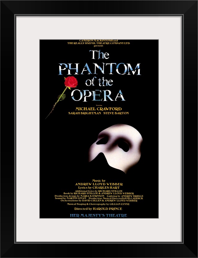 Broadway poster for Andrew Lloyd Webber's play, The Phantom of the Opera, displaying the Phantom's mask and a single rose.