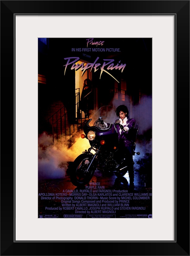 Vintage movie poster for the movie Purple Rain featuring the music artist Prince with a picture of prince sitting on a mot...