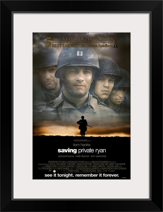 The classic movie poster for "Saving Private Ryan". There is a faded picture of the four main characters up top with a sil...