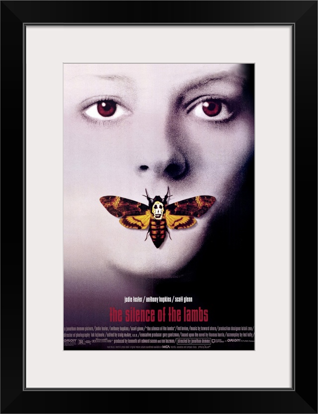 Vertical, oversized movie advertisement for the 1990 film, The Silence of the Lambs, starring Jodie Foster and Anthony Hop...