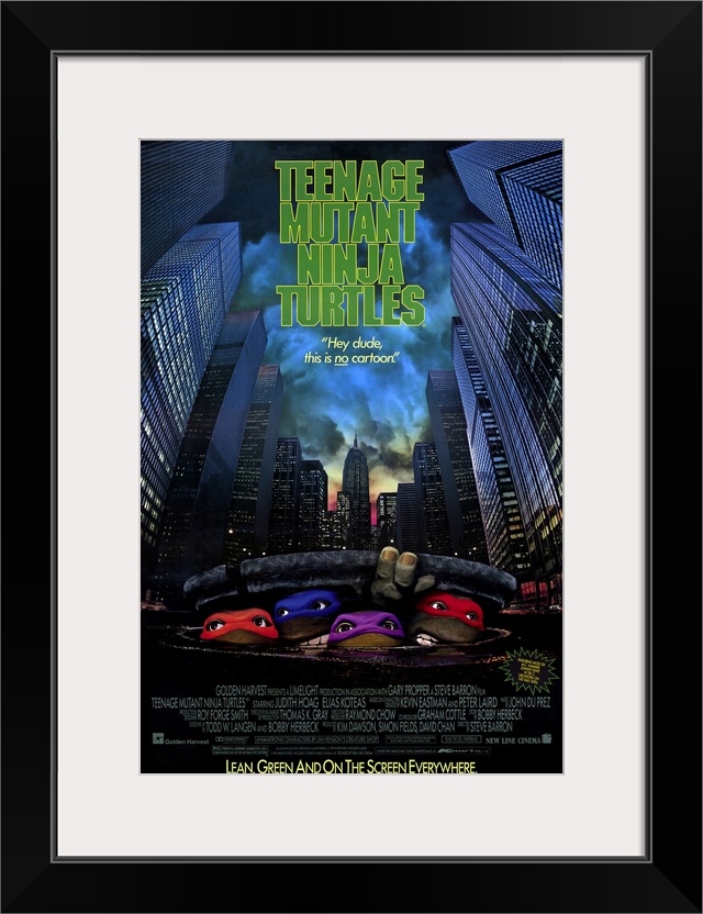 Poster for the 1989 film "Teenage Mutant Ninja Turtles". It shows the four turtles faces popping out from under a man hole...