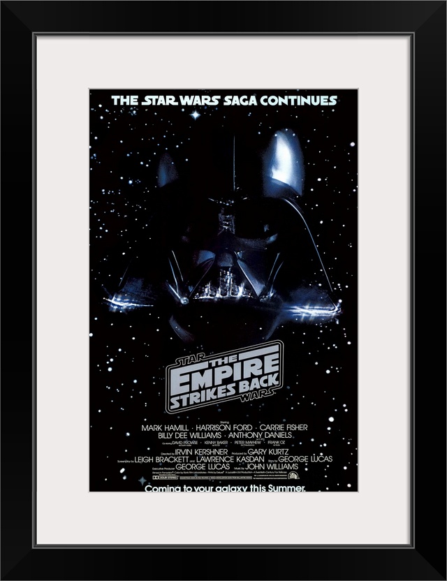 Giant, vertical movie image on canvas for The Empire Strikes Back, with Darth Vader's head on a galactic background, the m...