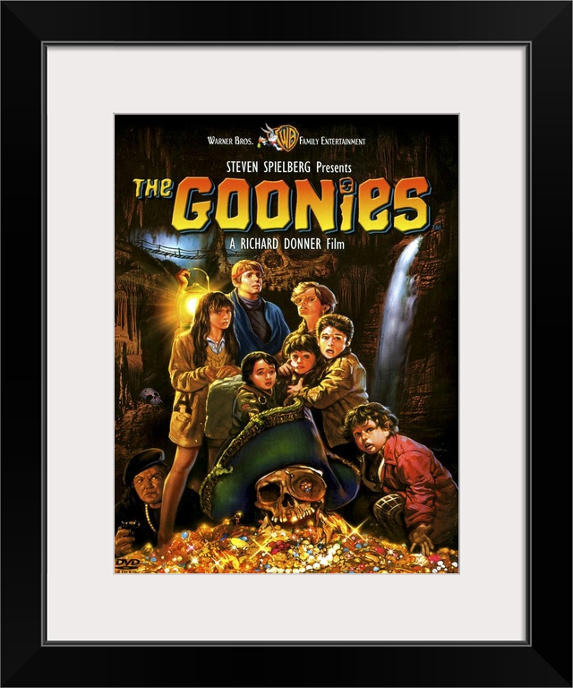 Movie poster for the 1980s movie Goonies with a drawing of all the child characters standing with their pile of treasure.