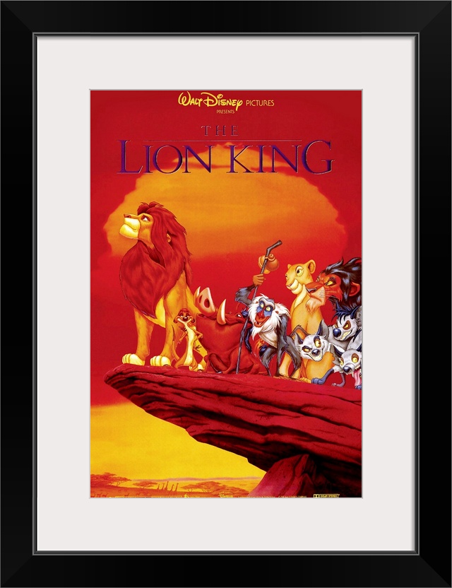 Large, vertical movie advertisement of the Walt Disney movie, The Lion King.  A grown Simba peers over the edge of a cliff...