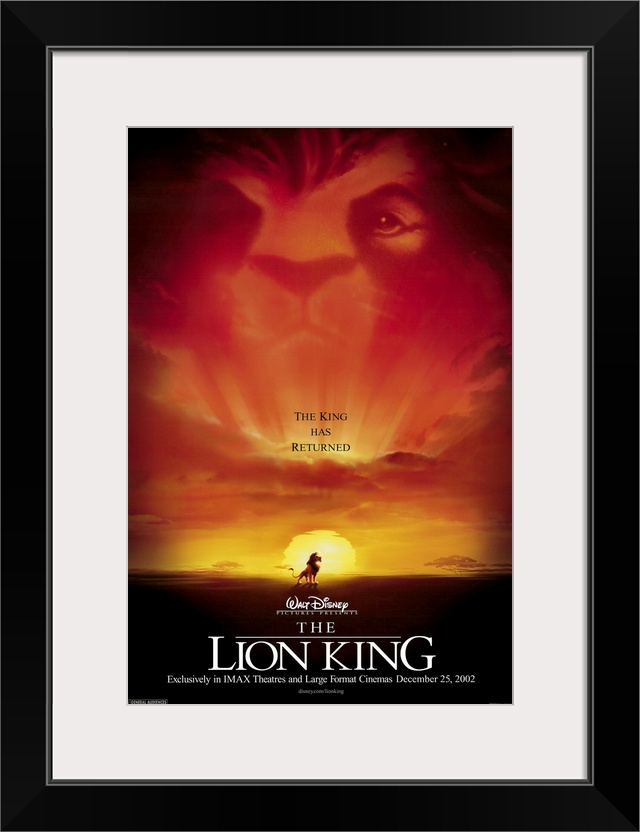 Movie poster for the 2002 Disney animated movie The Lion King with Simba high on a rock overlooking his kingdom.