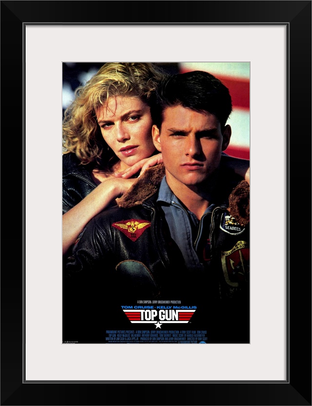 Movie poster for the hit film "Top Gun". Tom Cruise and his love interest are shown on the poster.