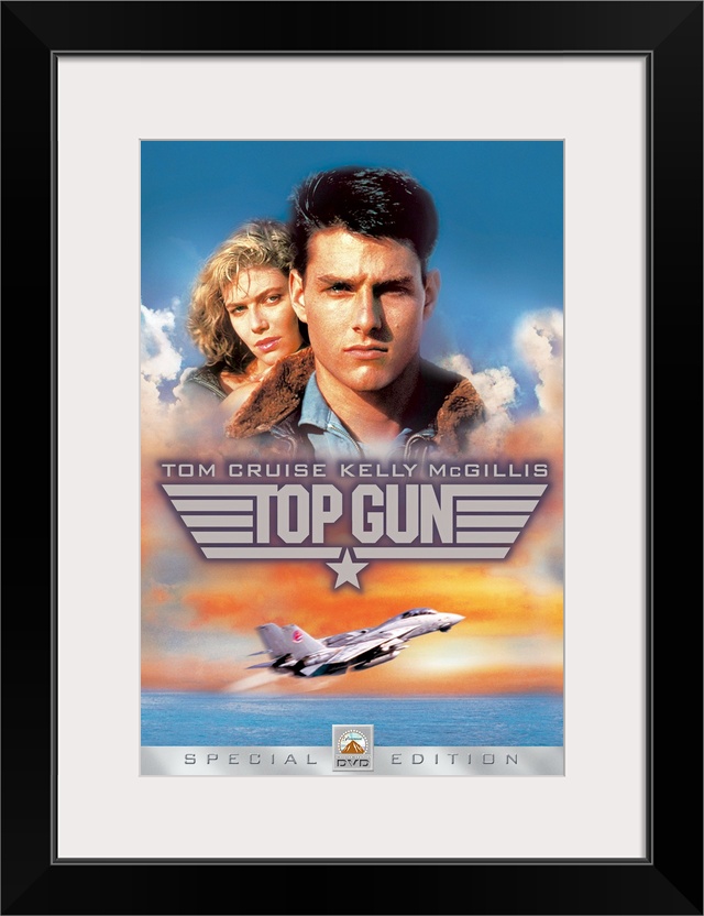 Movie poster for Top Gun with Tom Cruise and Kelly McGillis in the sky as a military plane takes off over the water.