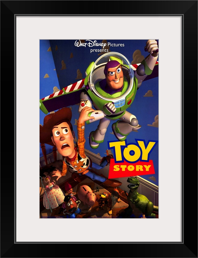 Portrait, large movie poster of Toy Story.  Buzz lightyear flying through the air, Woody holding onto his arm, while the o...