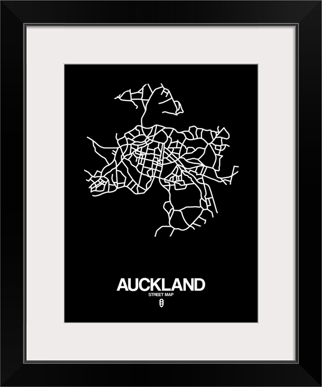 Minimalist art map of the city streets of Auckland in black and white.