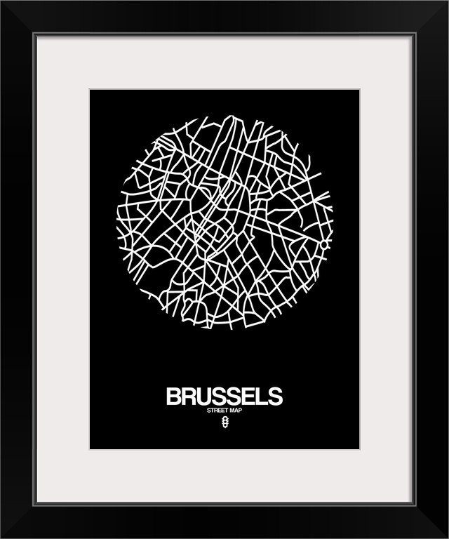Minimalist art map of the city streets of Brussels in black and white.
