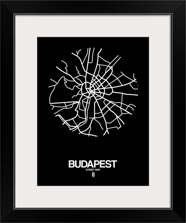 Minimalist art map of the city streets of Budapest in black and white.