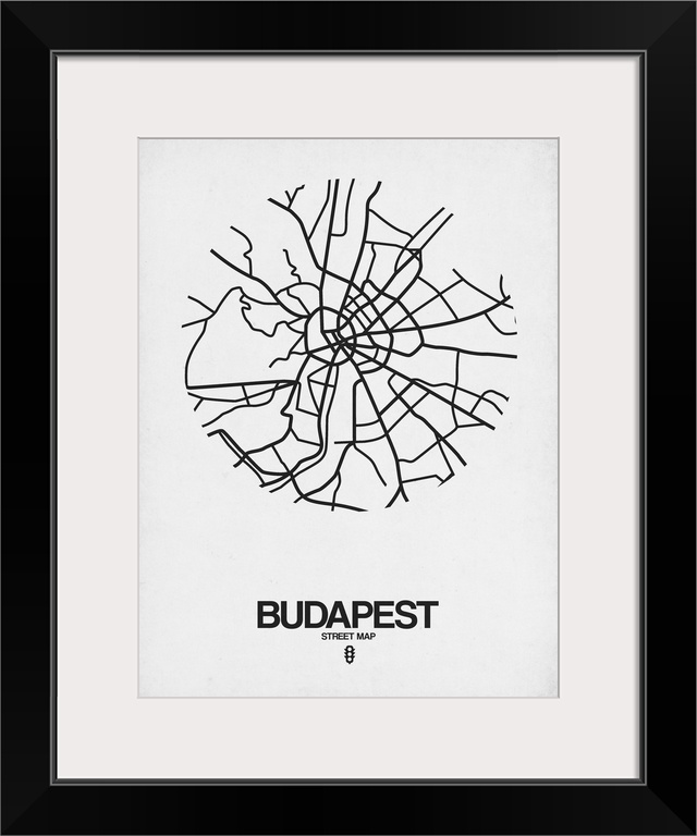 Minimalist art map of the city streets of Budapest in white and black.
