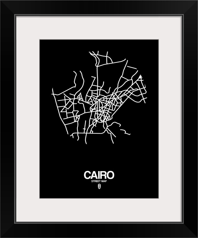 Minimalist art map of the city streets of Cairo in black and white.