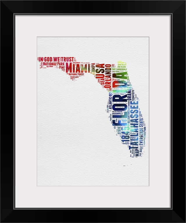 Watercolor typography art map of the US state Florida.
