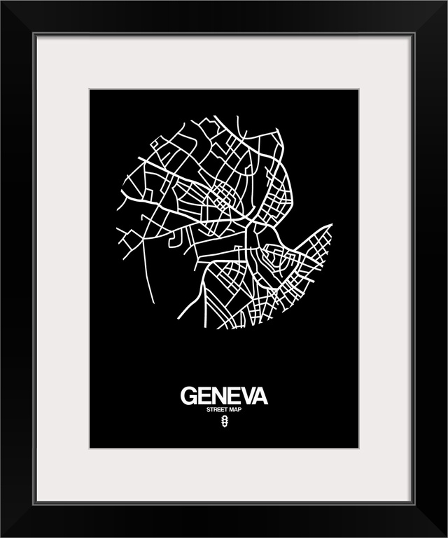 Minimalist art map of the city streets of Geneva in black and white.