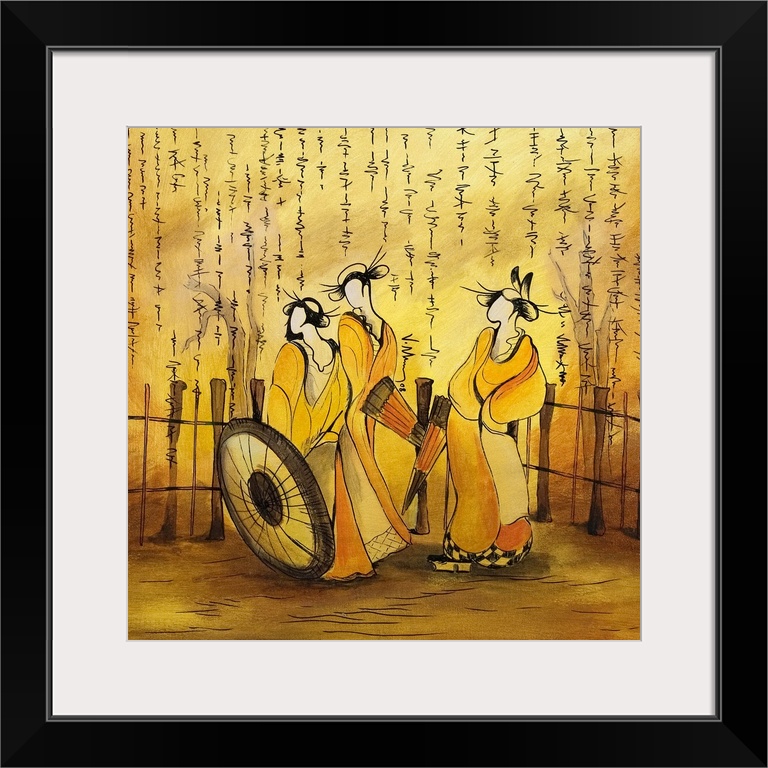 Square photo on canvas of three stylized women drawn on canvas with Japanese writing at the top.