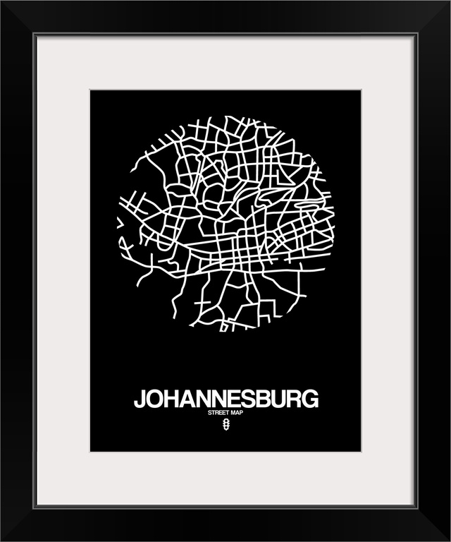 Minimalist art map of the city streets of Johannesburg in black and white.