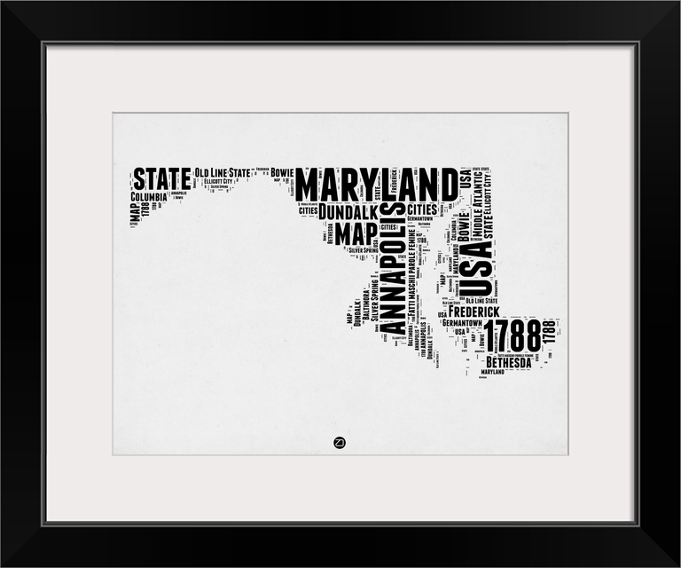 Black and white art map of the US state Maryland.