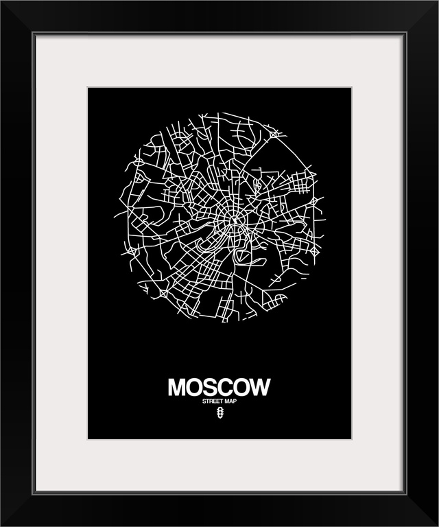 Minimalist art map of the city streets of Moscow in black and white.