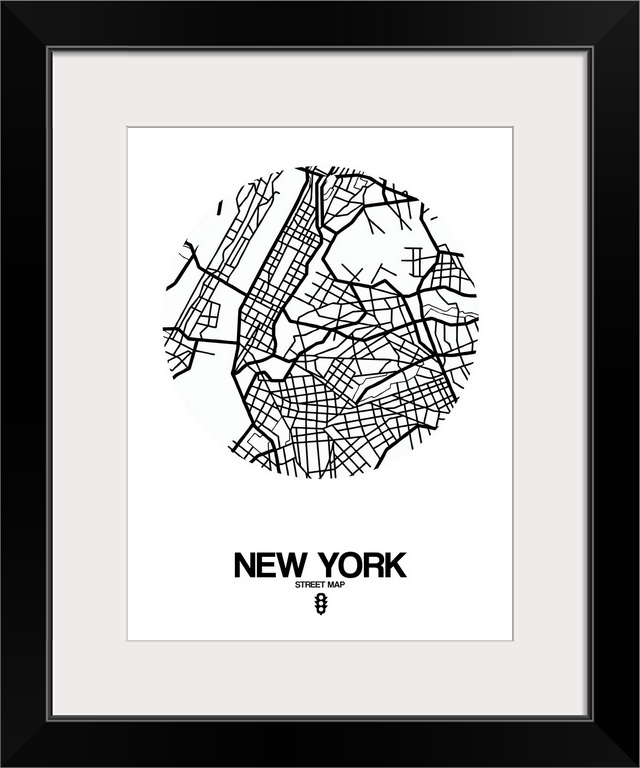 Minimalist art map of the city streets of New York City in white and black.