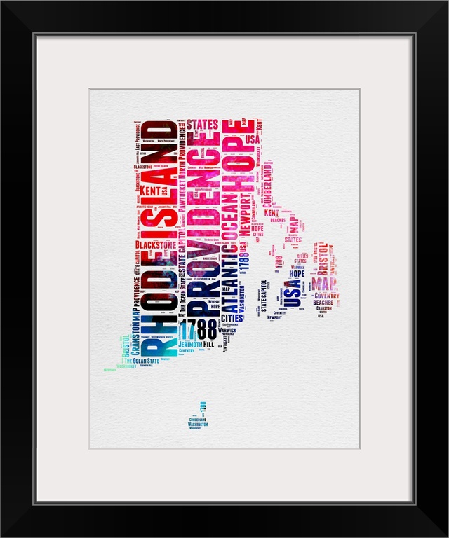 Watercolor typography art map of the US state Rhode Island.