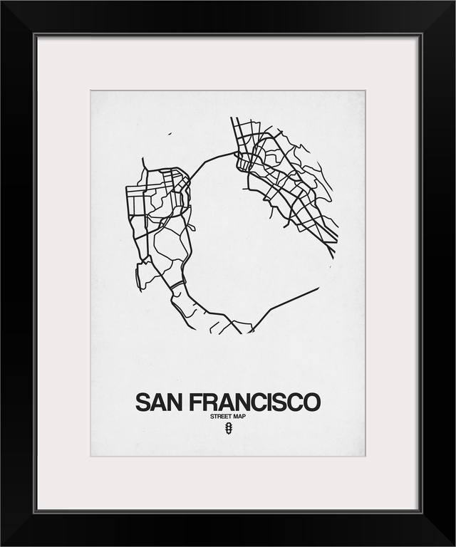 Minimalist art map of the city streets of San Francisco in white and black.