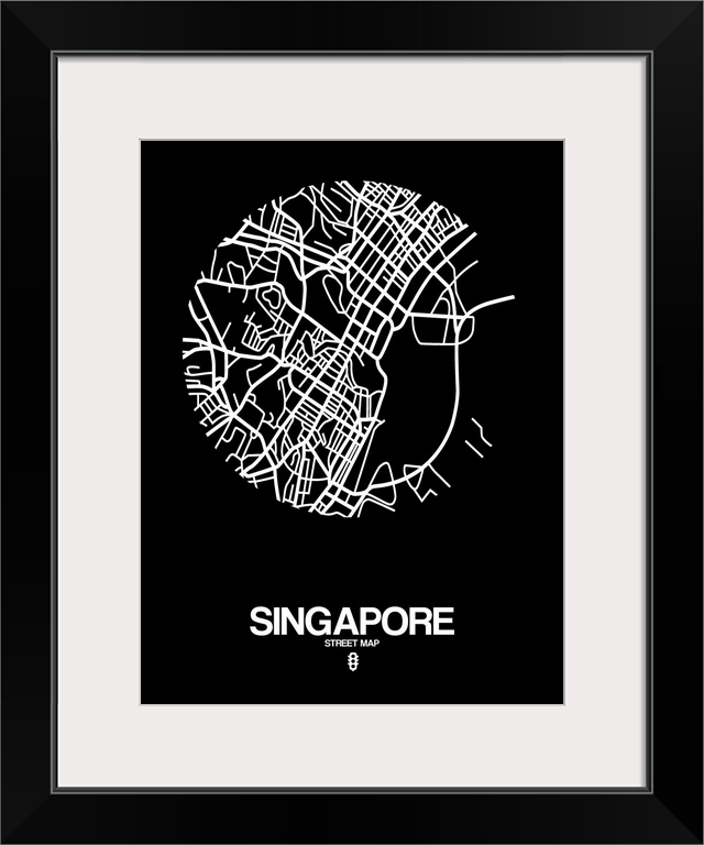 Minimalist art map of the city streets of Singapore in black and white.