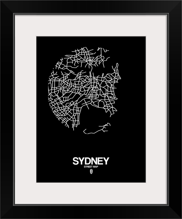 Minimalist art map of the city streets of Sydney in black and white.