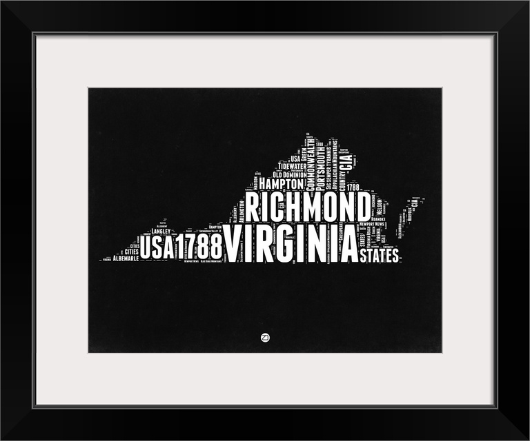 Typography art map of the US state Virginia.