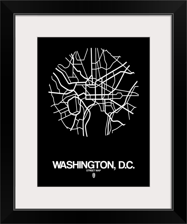 Minimalist art map of the city streets of Washington DC in black and white.
