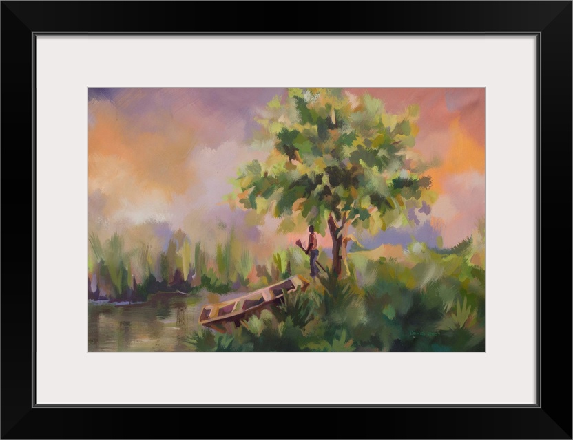 Standing under a tree with an oar in his hand, a man contemplates the serenity that reigns over the river bank. Painting w...