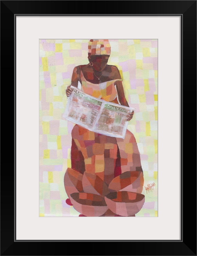 Sitting on a chair with five empty bowls in front of her, a woman enjoys a quiet moment reading the newspaper. She is so e...